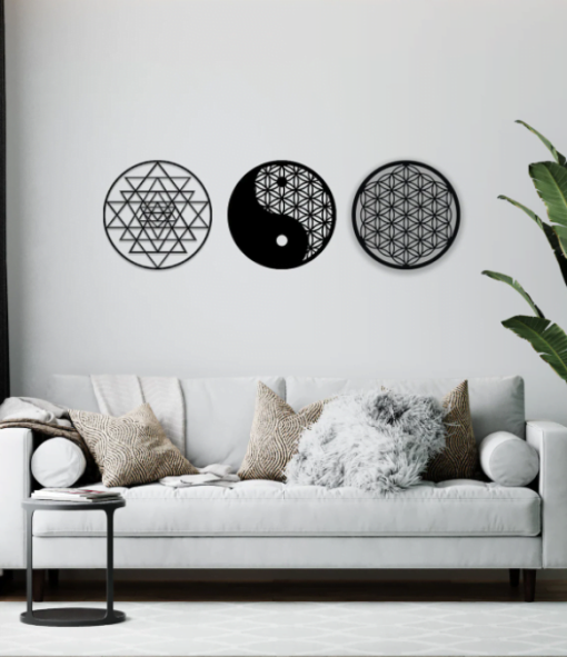 Black Color Yin Yang, Sri Yantra, Torus, Flower of Life Board - Home Decoration - Black MDF