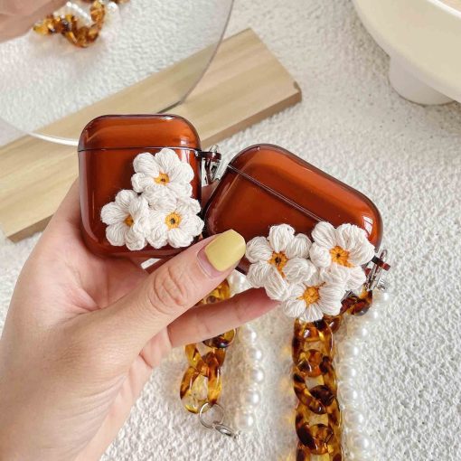 Stylish Airpods Case Cover, Airpods Case Cover, Earphone Cover, Flower Design, With Marble/Pearl Design Keychain, For Airpors 1/2, Pro, Brown