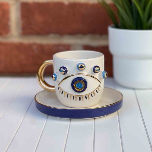Evil Eye Ceramic Coffee Cup, Coffee Mug, Ceramic Mug, Handmade Coffee Cup, Special Design Cup, Turkish Coffee Cup, Ceramic Tea Cup, Tea Mug